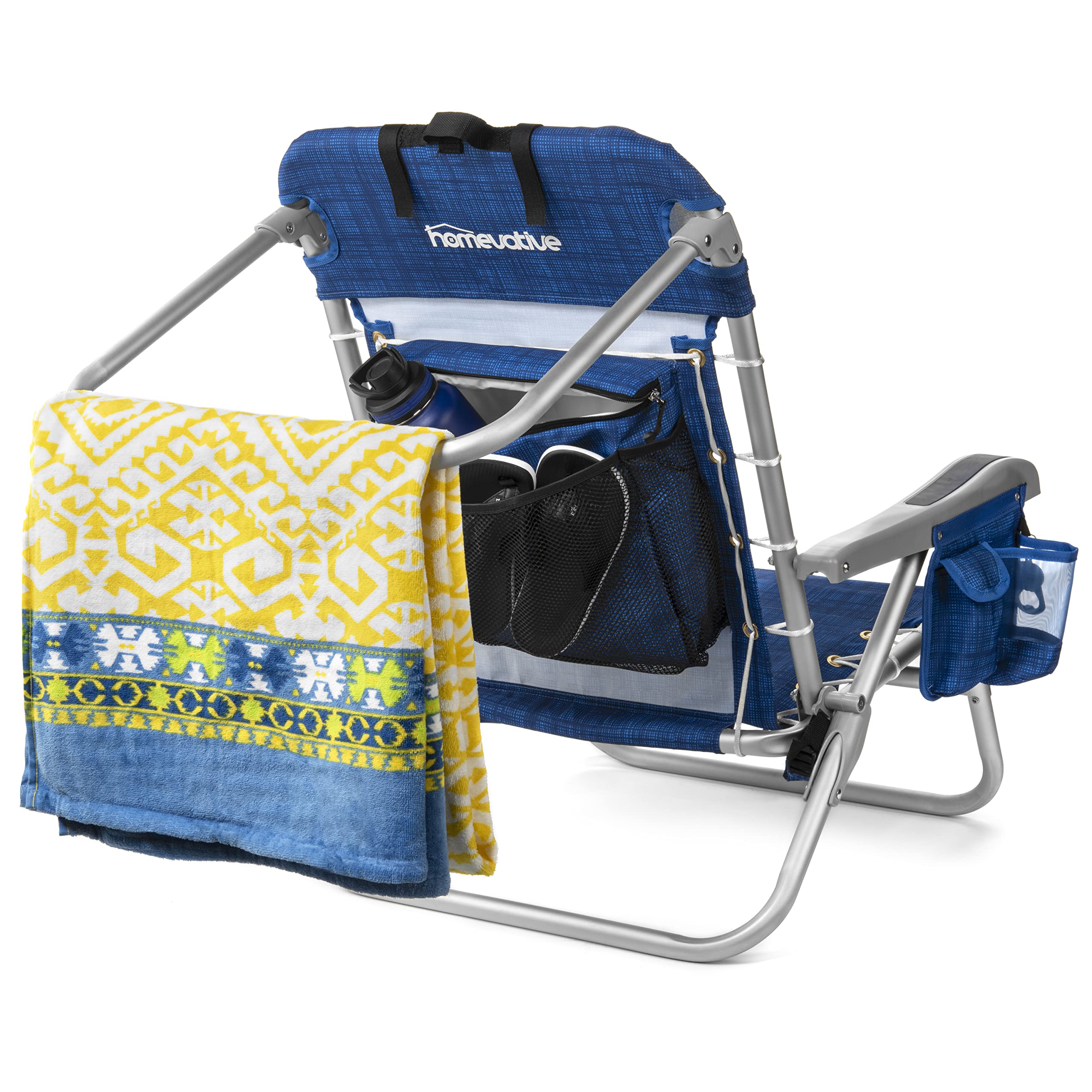 Homevative Cooler+ Beach Chair rear towel bar adds stability and towel storage.