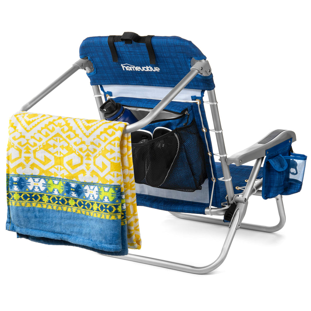 Homevative Cooler+ Beach Chair rear towel bar adds stability and towel storage.