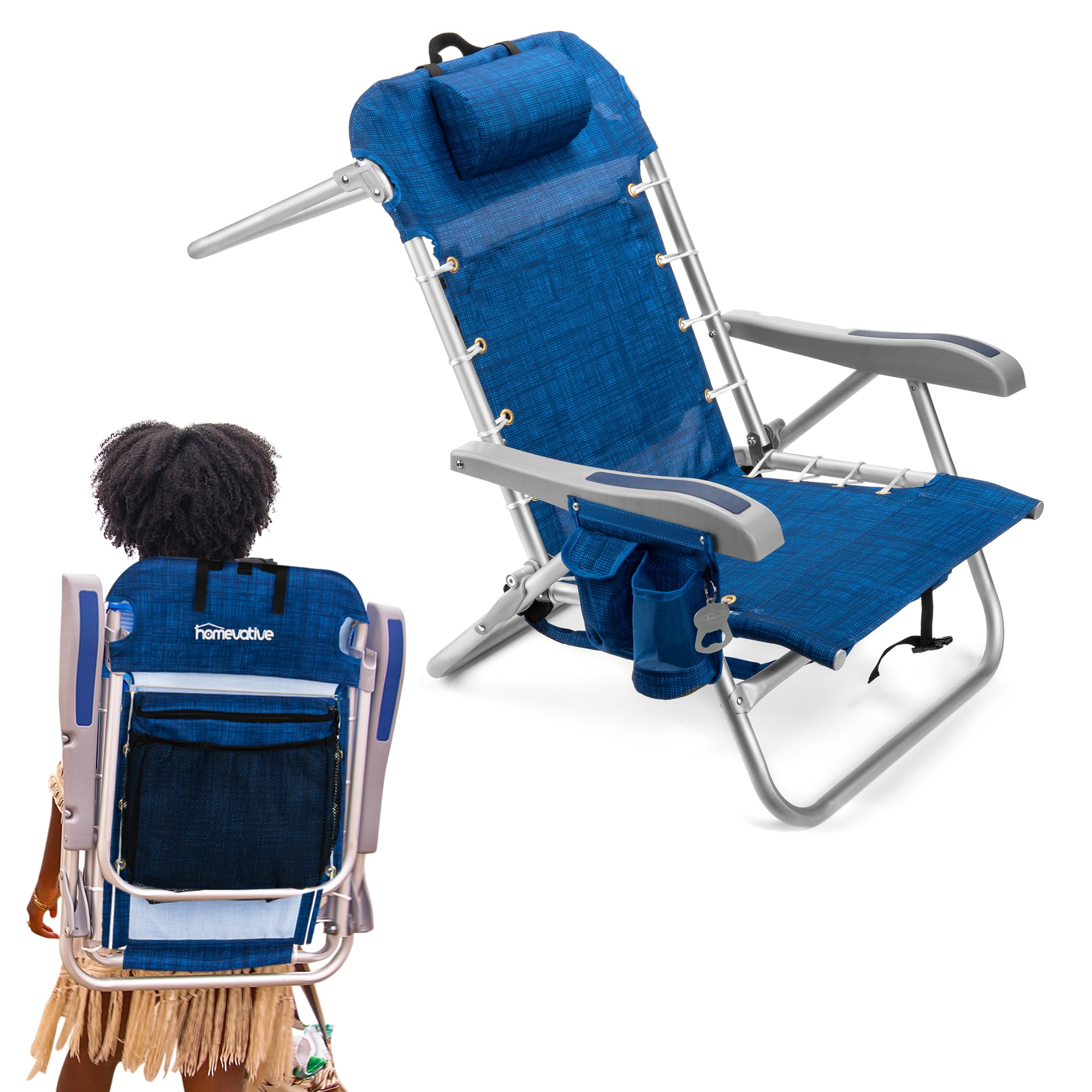 Homevative Cooler+ Beach Chair includes an XL cooler pouch for drinks within reach.