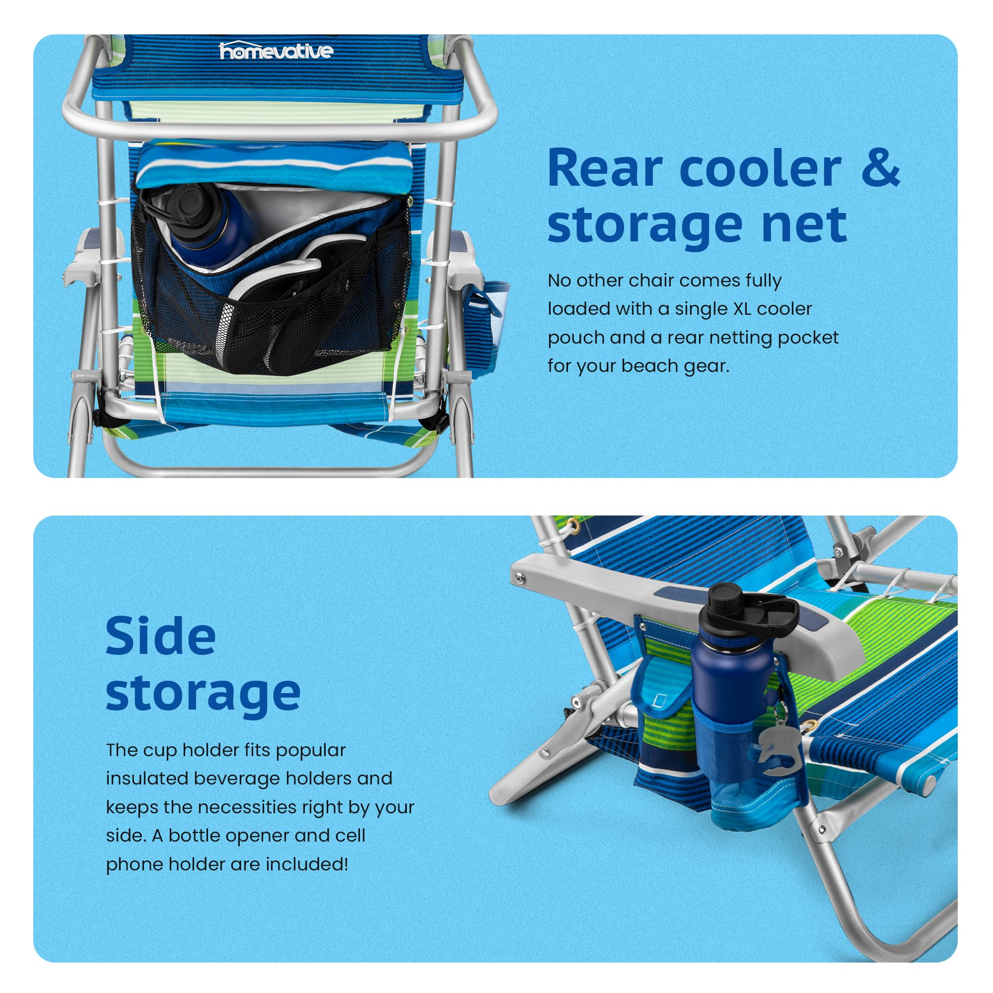 Rear storage net on Homevative chair, handy for towels and small gear.