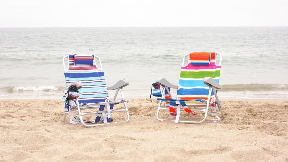 Homevative Kids folding beach chair backpack straps simplify carrying to the shore.