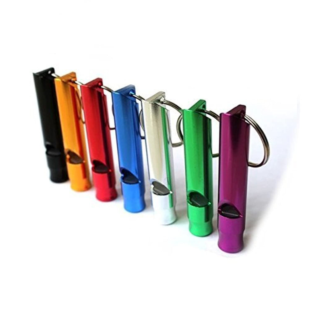 Homey Product A pack of five different color whistles for outdoor signaling.