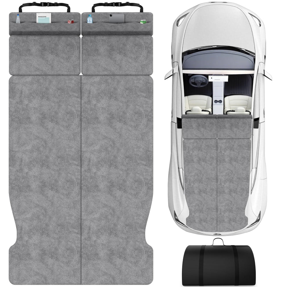 HOMEYA memory foam mattress folded in Tesla Model Y trunk for compact travel.