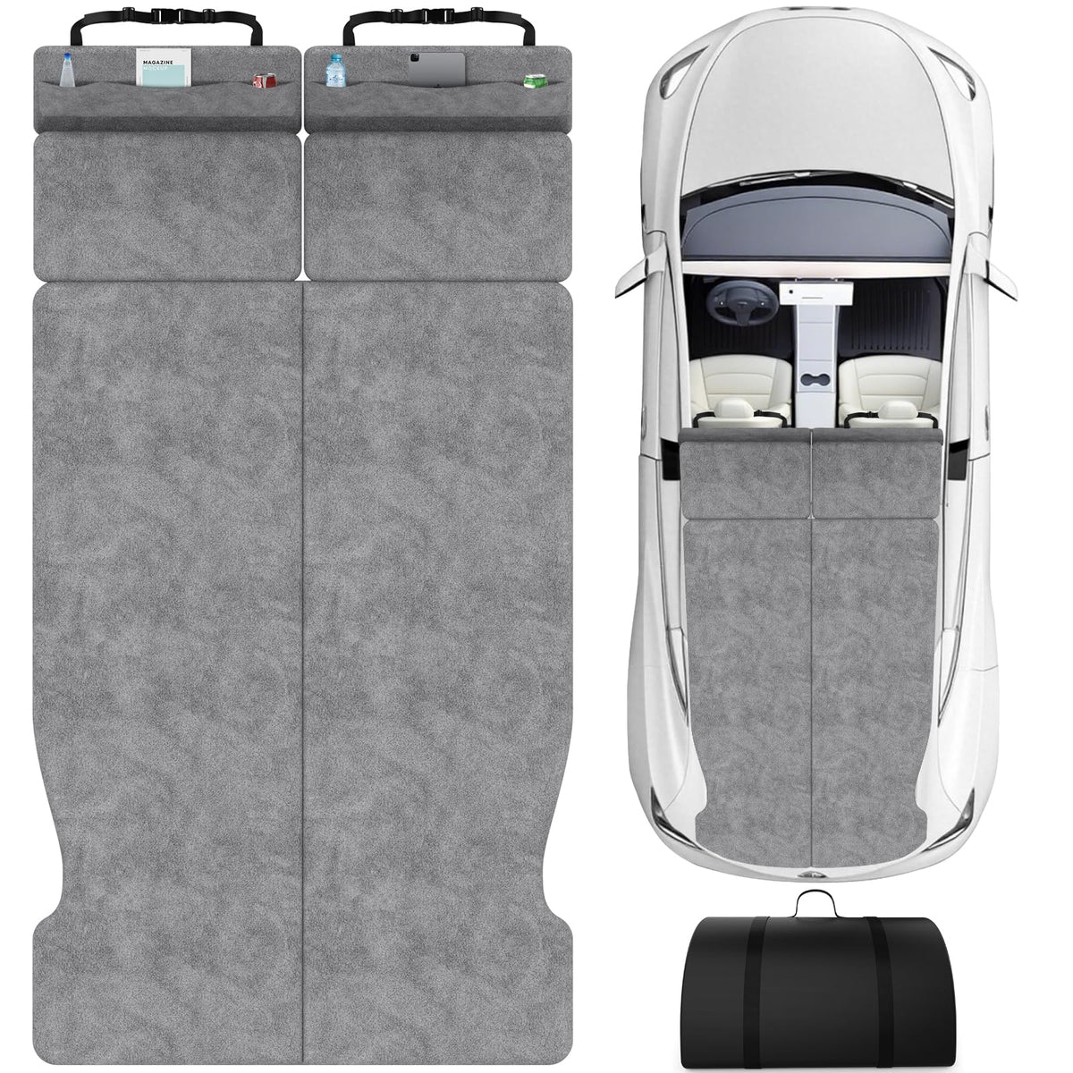 HOMEYA memory foam mattress folded in Tesla Model Y trunk for compact travel.