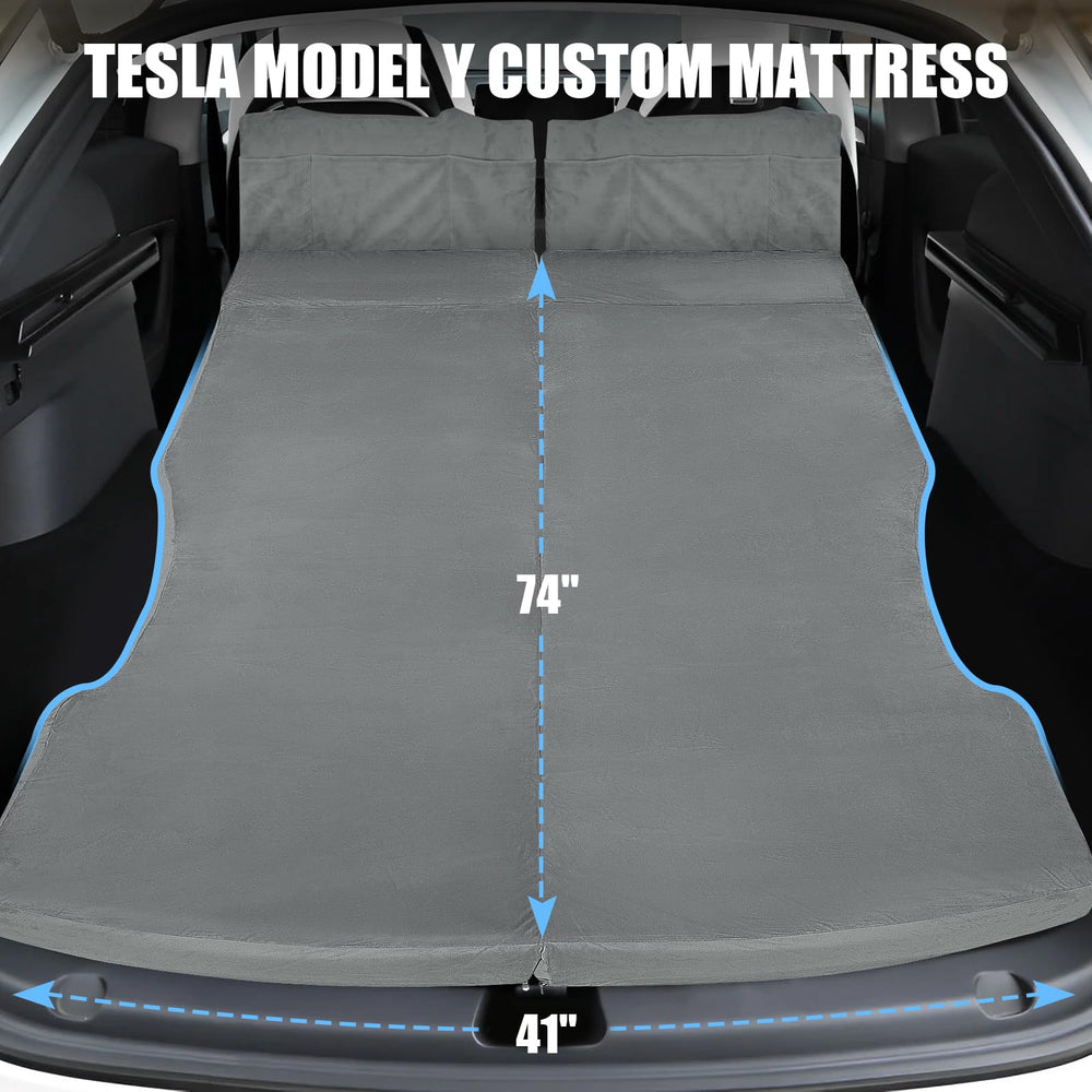 HOMEYA memory foam mattress unfolded to reveal roomy sleeping area in Model Y.