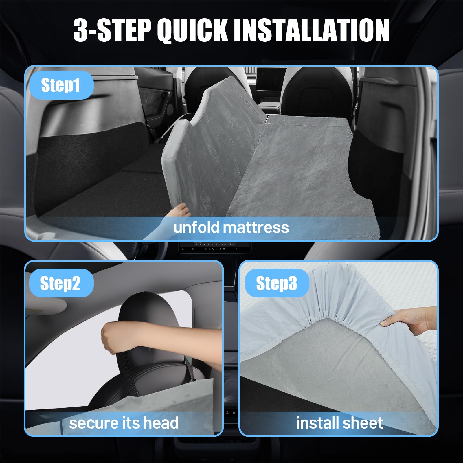 HOMEYA mattress shown with headrest straps securing the surface for safe travel.