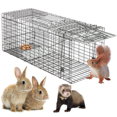 HomGarden 32-inch live animal trap front view demonstrates rugged, humane relocation option.