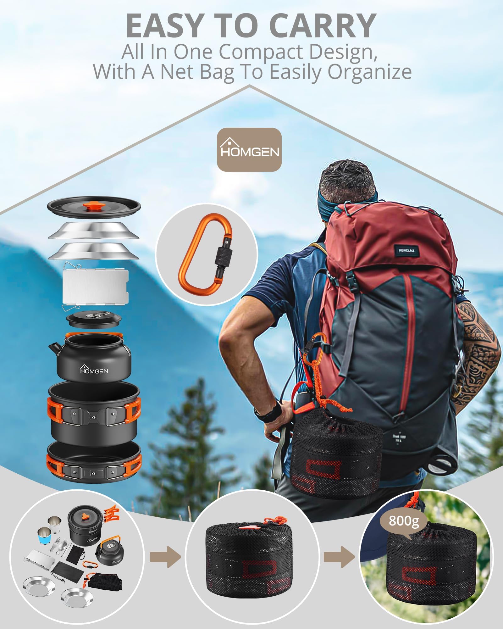 HOMGEN orange ergonomic handles on camp cookware for better grip