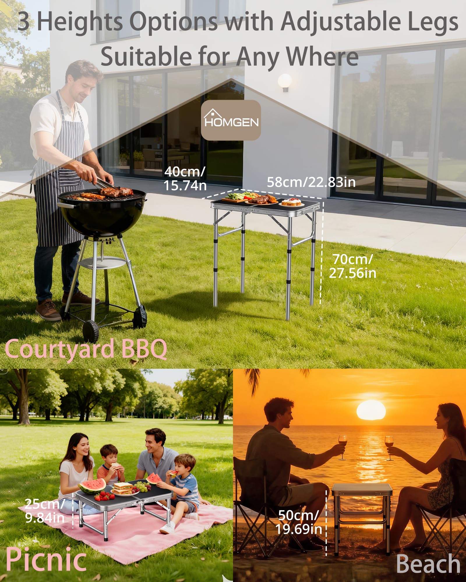 HOMGEN folding table with aluminum top at beach picnic.