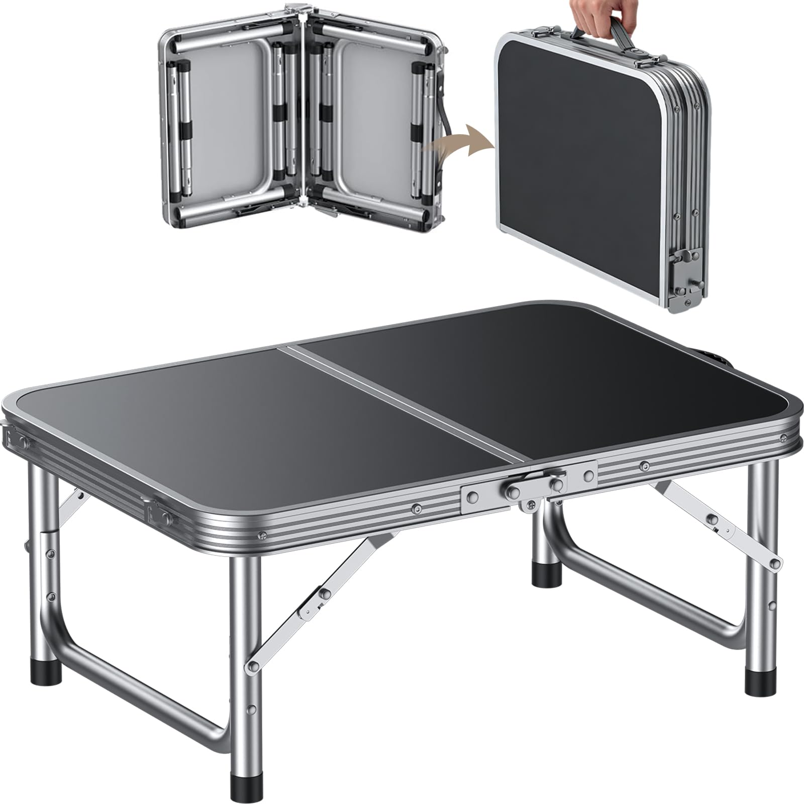 HOMGEN portable folding table demonstrates three-height setup for versatile use.