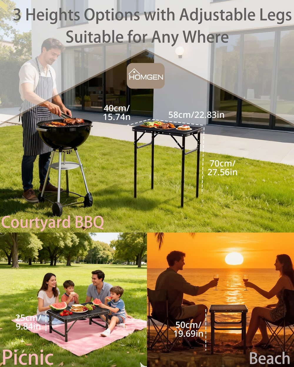 HOMGEN portable grill table with extended legs for stable setup