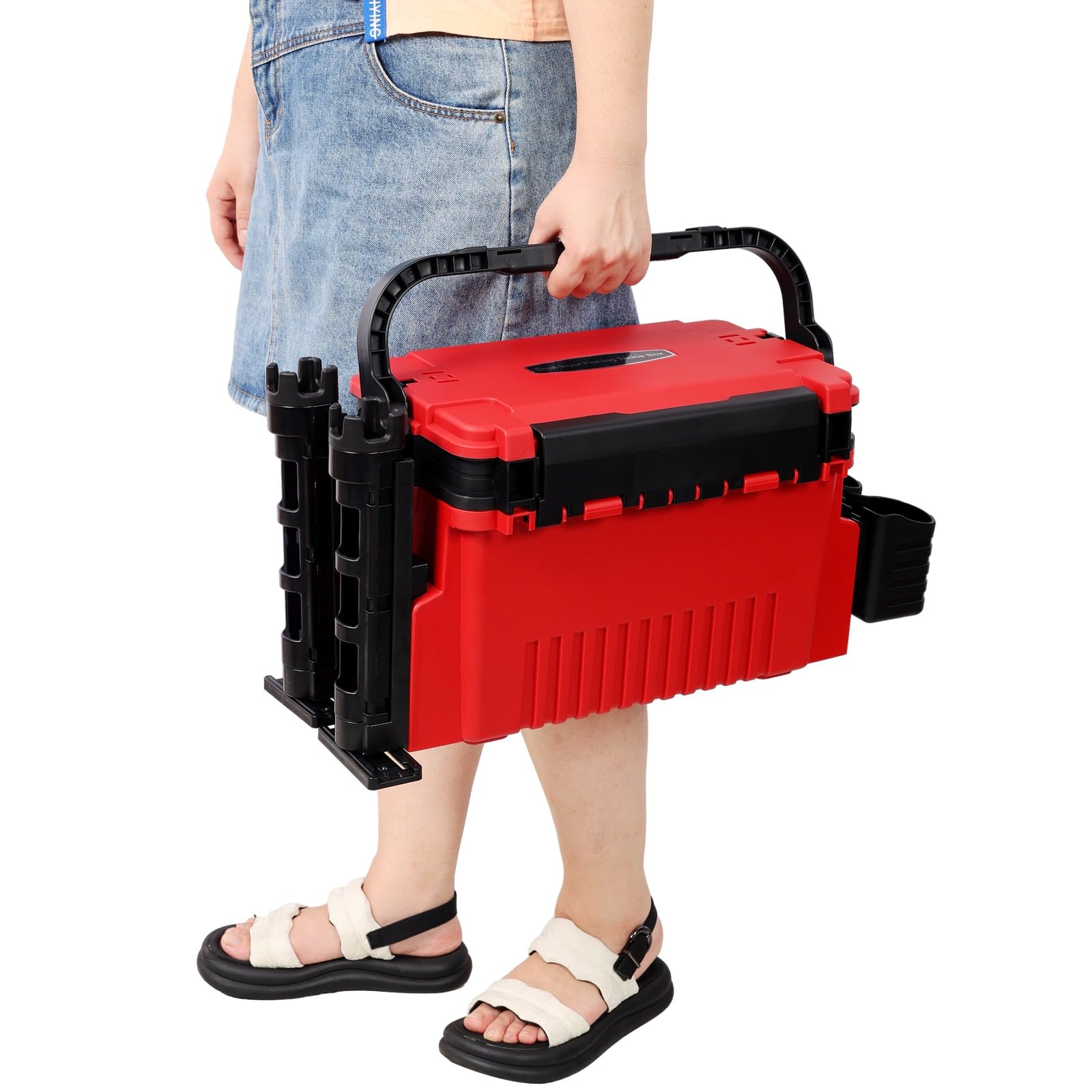 Homonova dual layer tackle box opened reveals adjustable compartments and bait prep space.