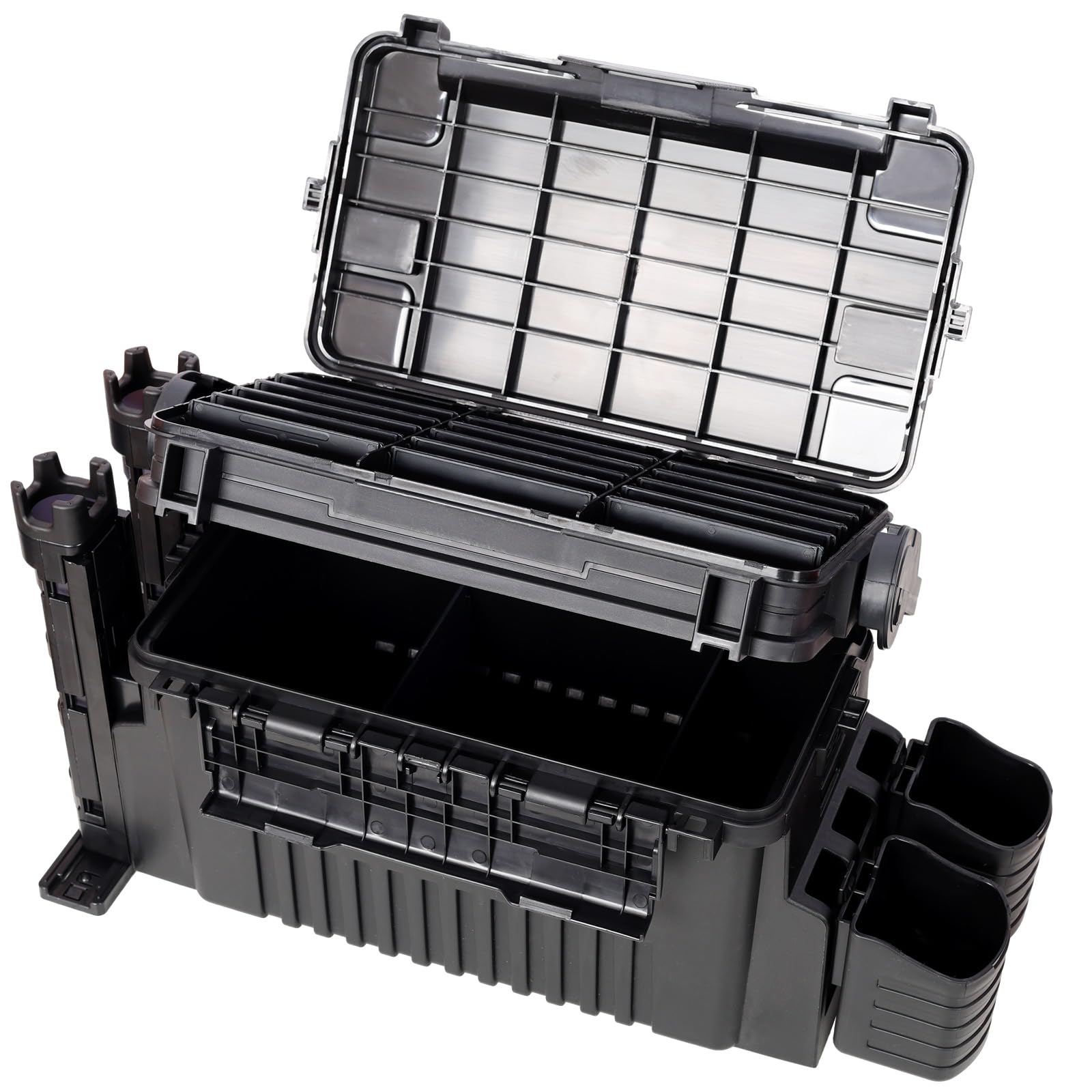 Homonova Dual-layer Tackle Box interior with adjustable dividers.