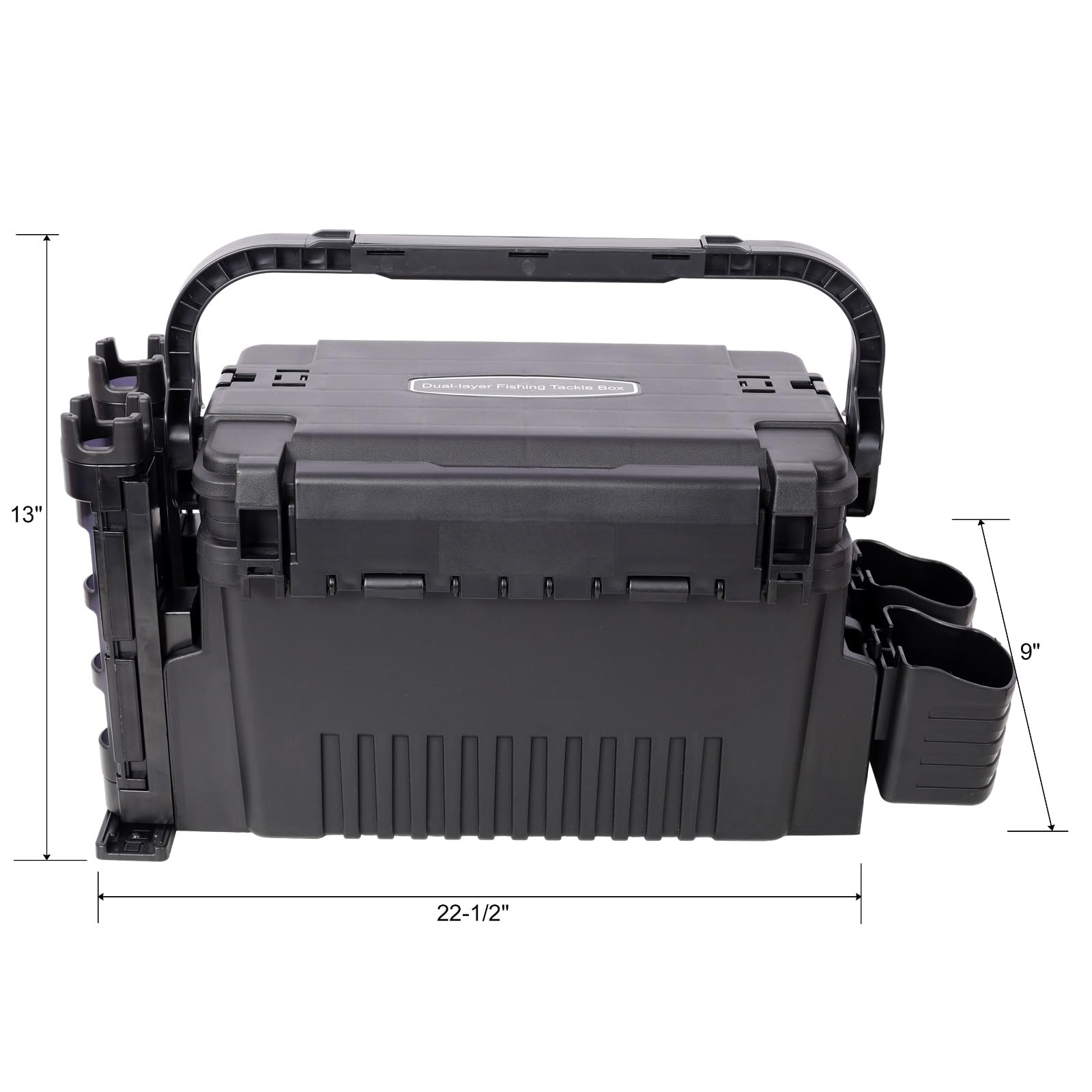 Homonova Dual-layer Tackle Box side view with cup holders and rod holders.