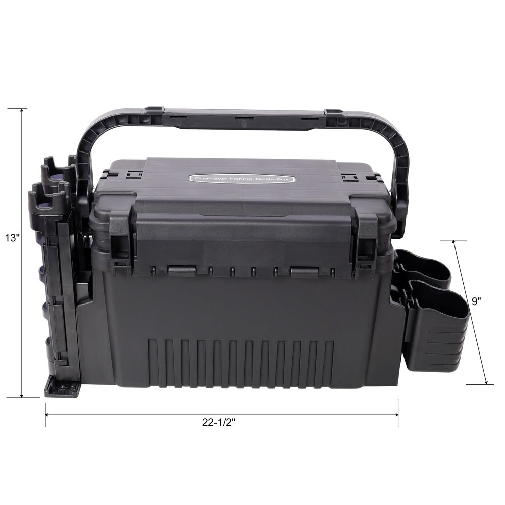 Homonova Dual-layer Tackle Box side view with cup holders and rod holders.