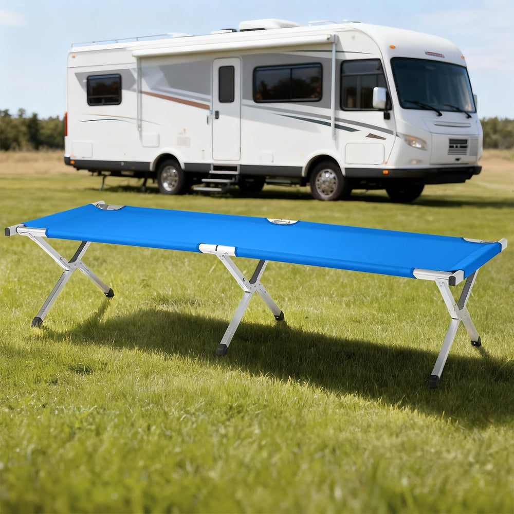 HOMSUPPLIE'S blue camping cot ideal for guests or solo trips.