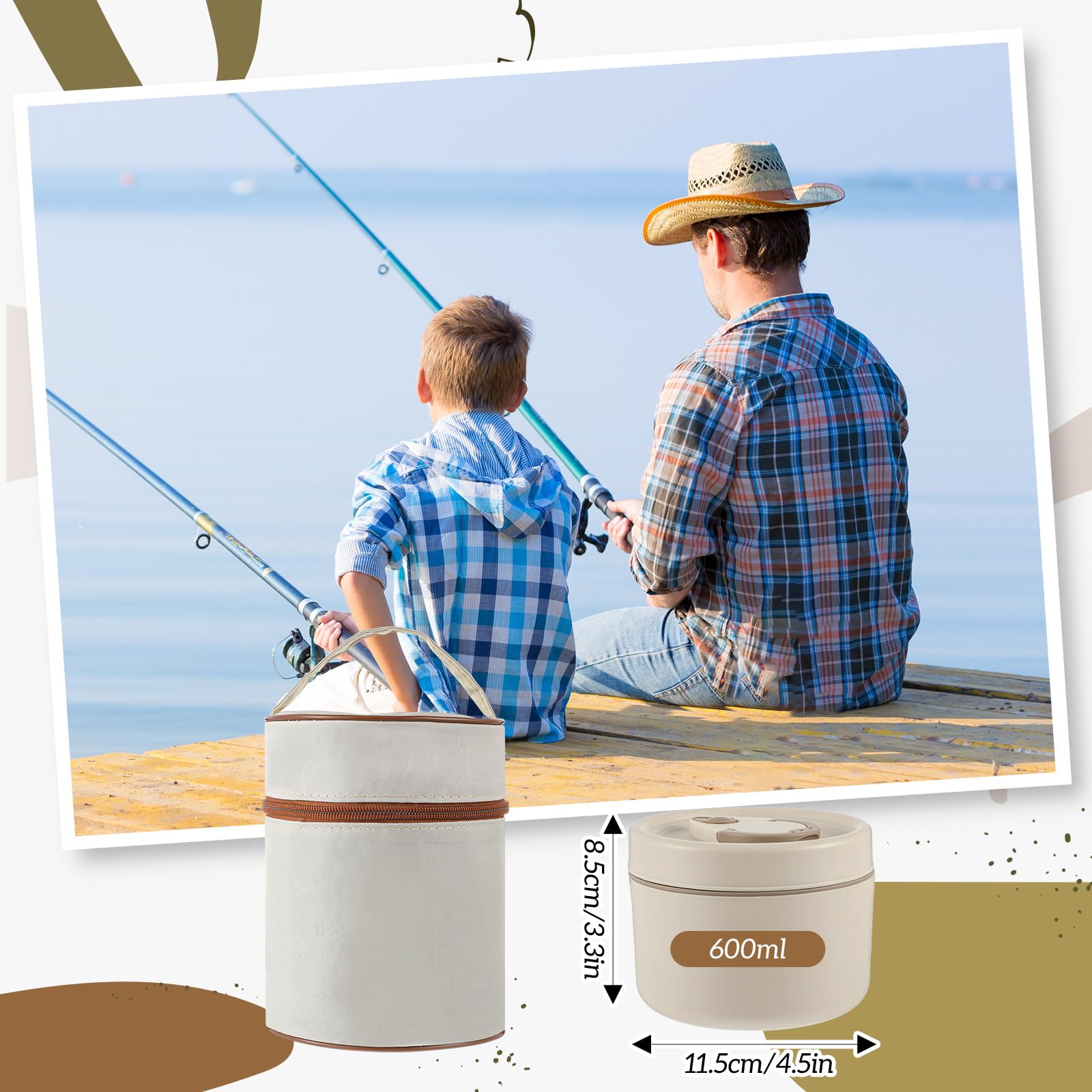 Included beige bait container with bag and 4.9 inch tweezers