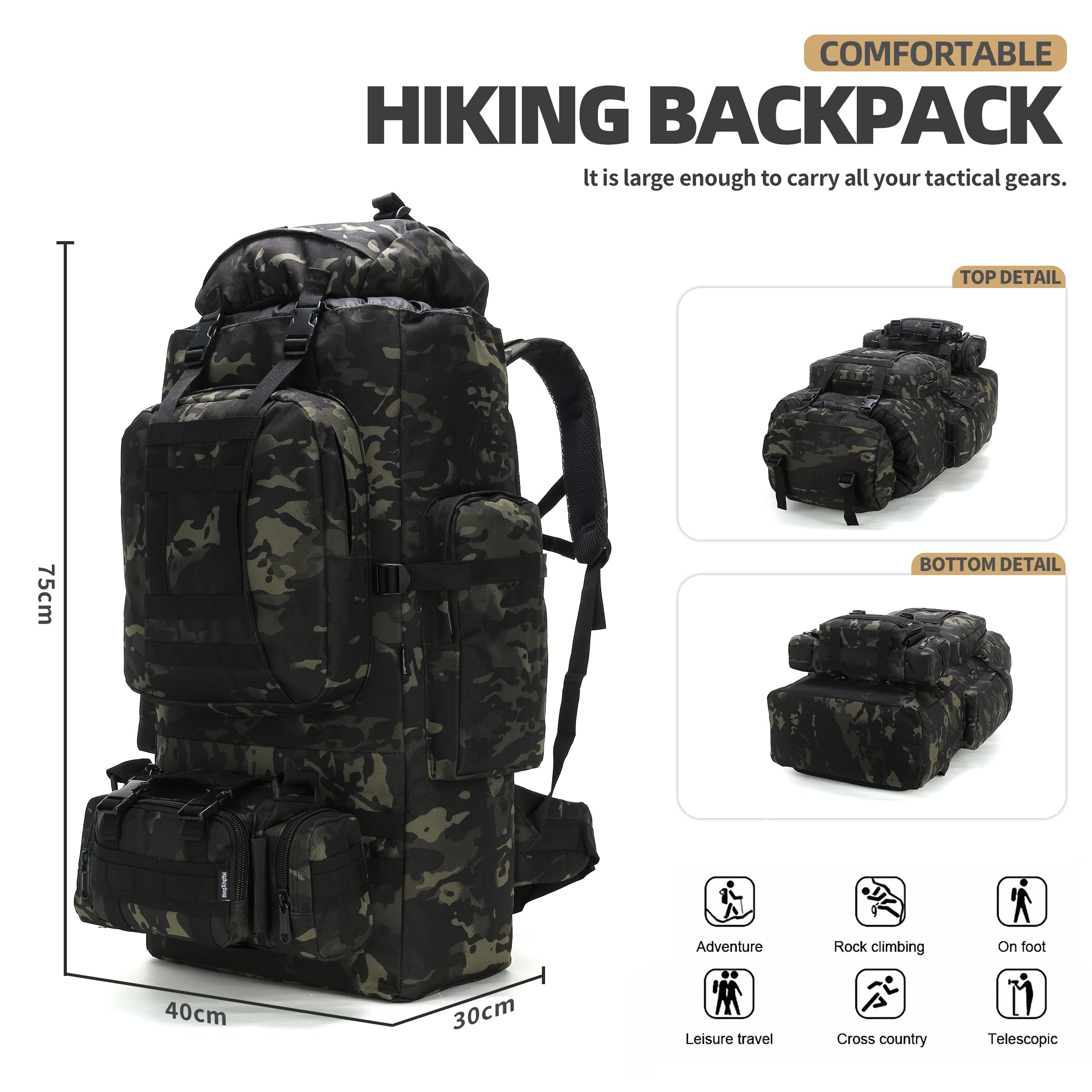 HongXingHai 100L backpack back panel shows breathable comfort on long hikes.
