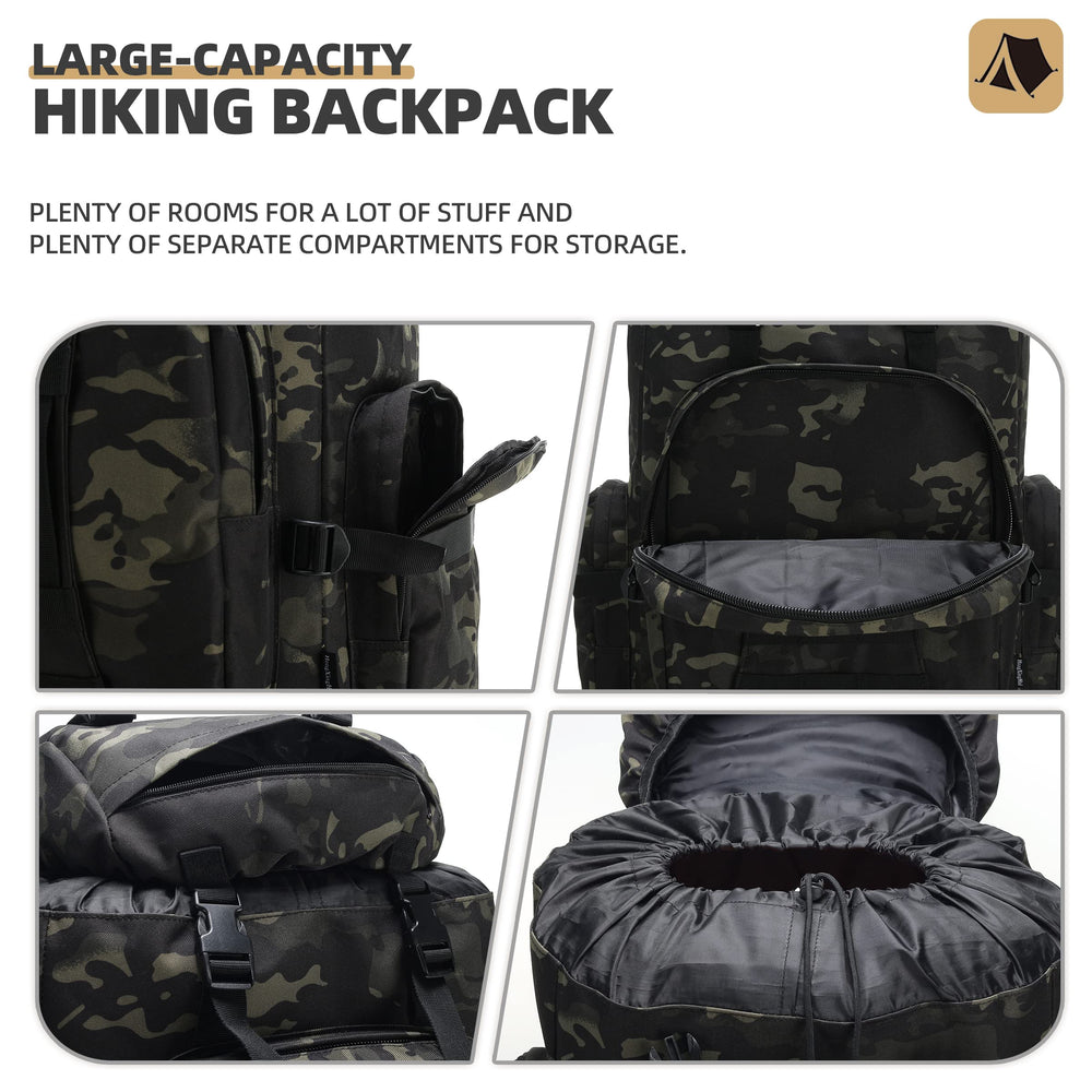 HongXingHai 100L backpack external attachments illustrate tent and mat carrying options.