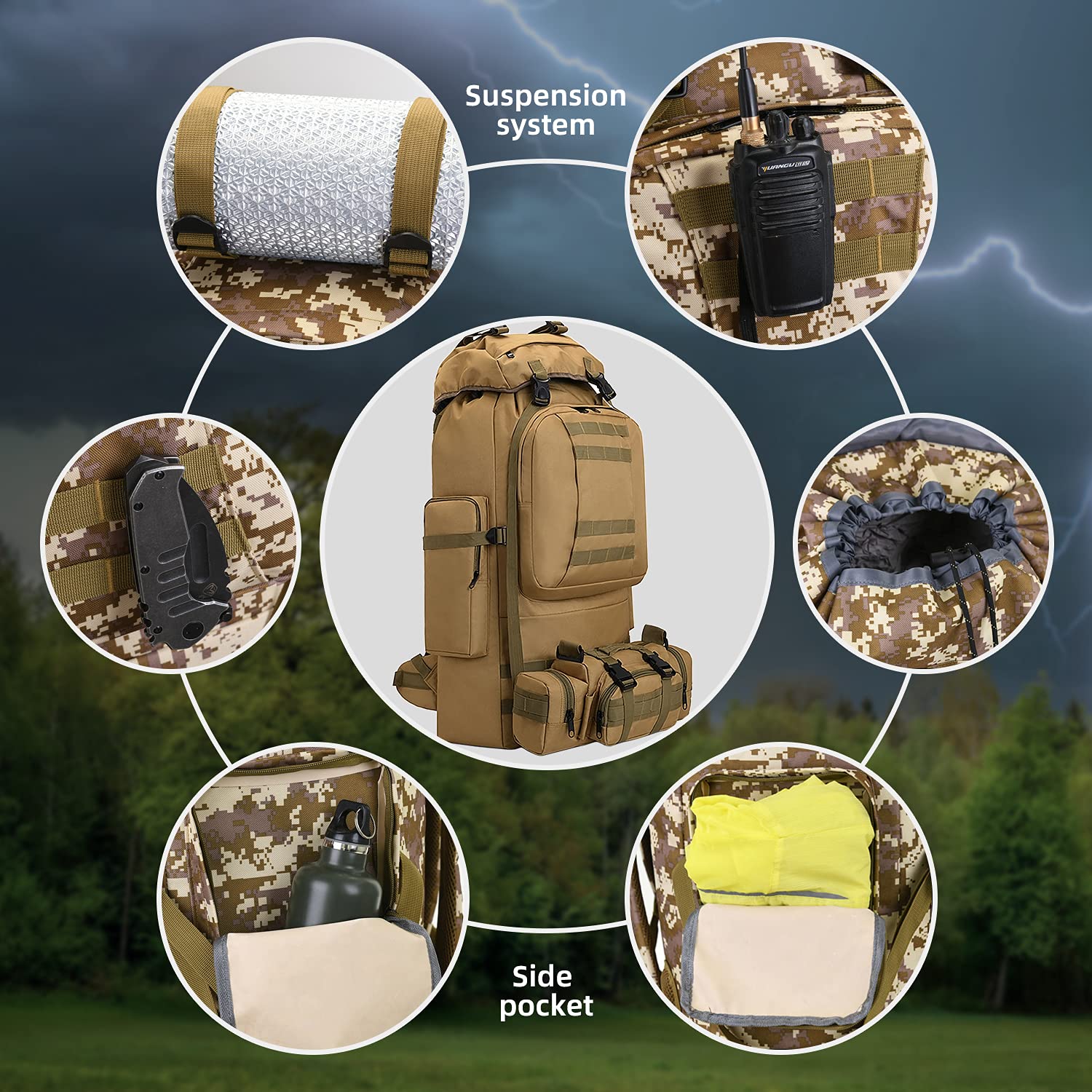 HongXingHai 100L backpack MOLLE attachments show expandable external tie-down options.
