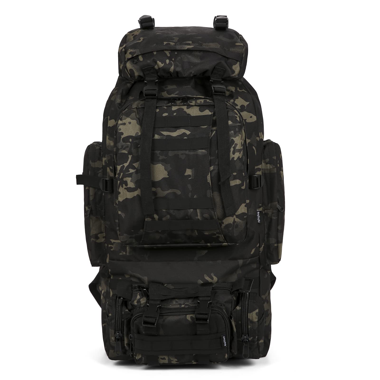 HongXingHai 100L backpack side with MOLLE system highlights rugged attachments.