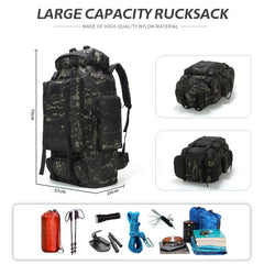 HongXingHai 100L backpack side view showing MOLLE system for gear