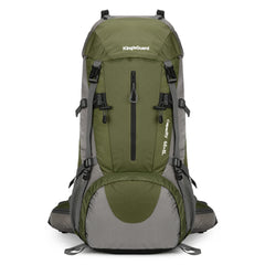 HongXingHai 70L backpack front view showcases rugged exterior for outdoor adventures.