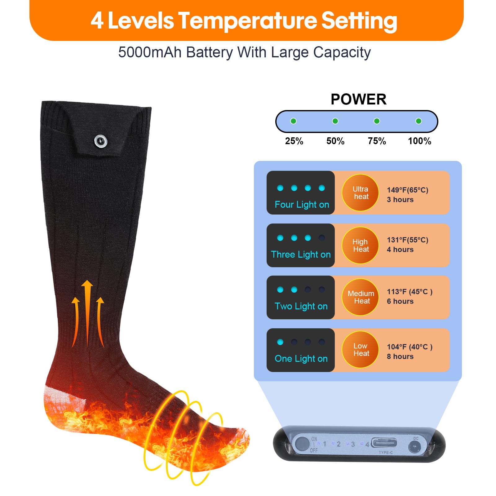 HONGYI heated socks with 3D carbon heating cover the toe area for even heat