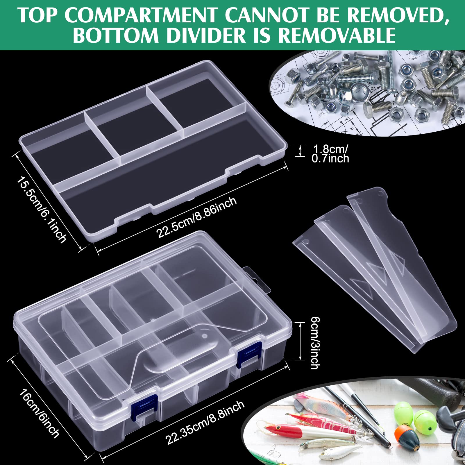Transparent PP plastic tackle box interior showing compartments