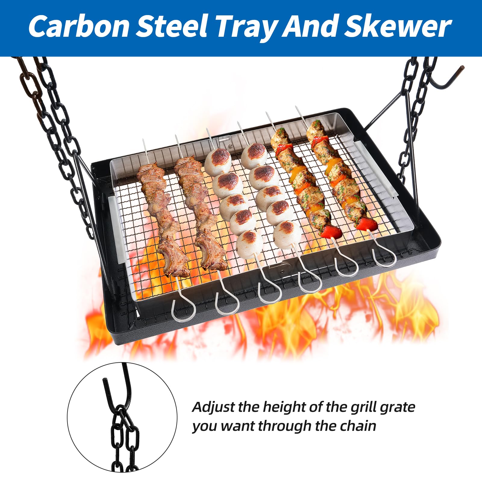 HONYTA campfire stand with longer hanging rods for additional holding capacity.