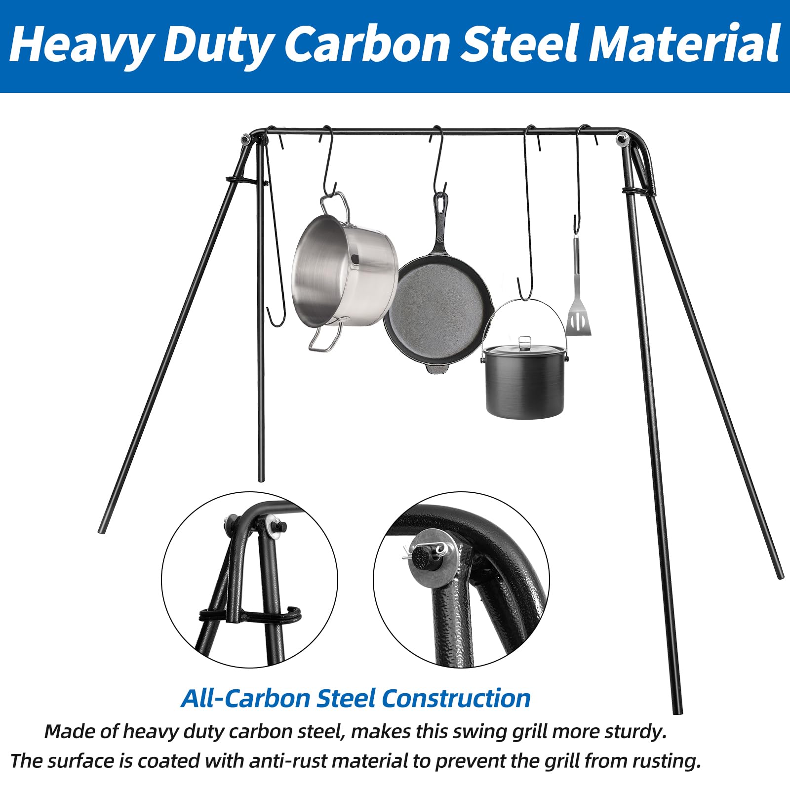 HONYTA campfire swing stand features seven hooks for utensils and cookware.