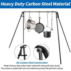 HONYTA campfire swing stand features seven hooks for utensils and cookware.