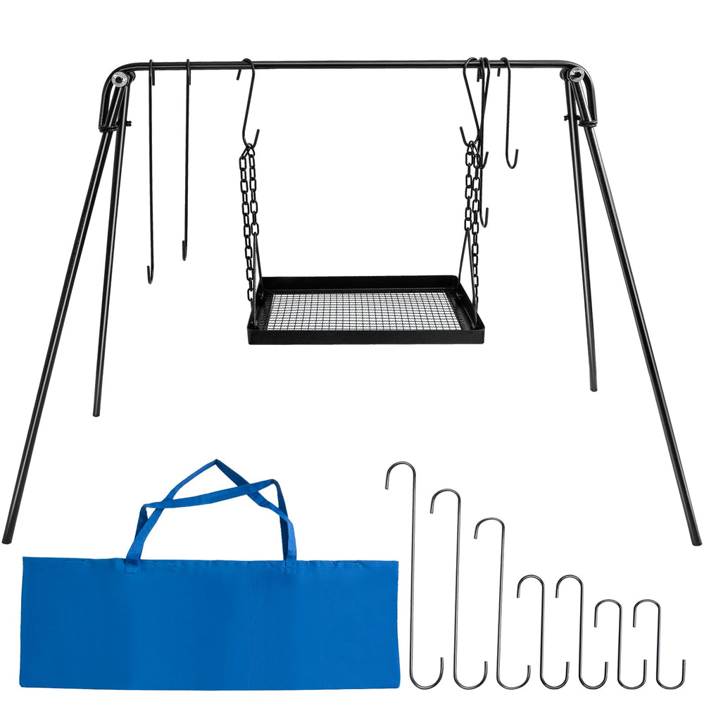 HONYTA campfire swing stand showing adjustable grate height for heat control.