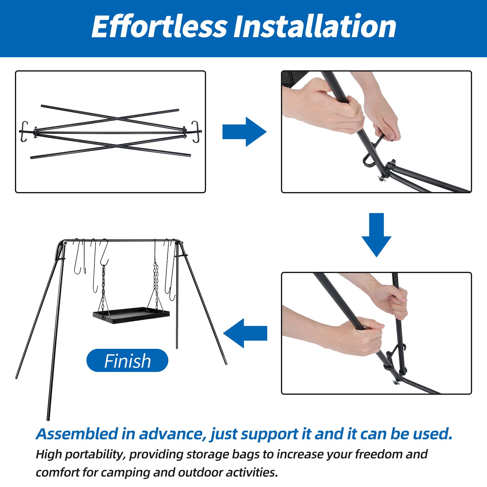 HONYTA campfire swing stand with fixed support angle for quick setup and stability.