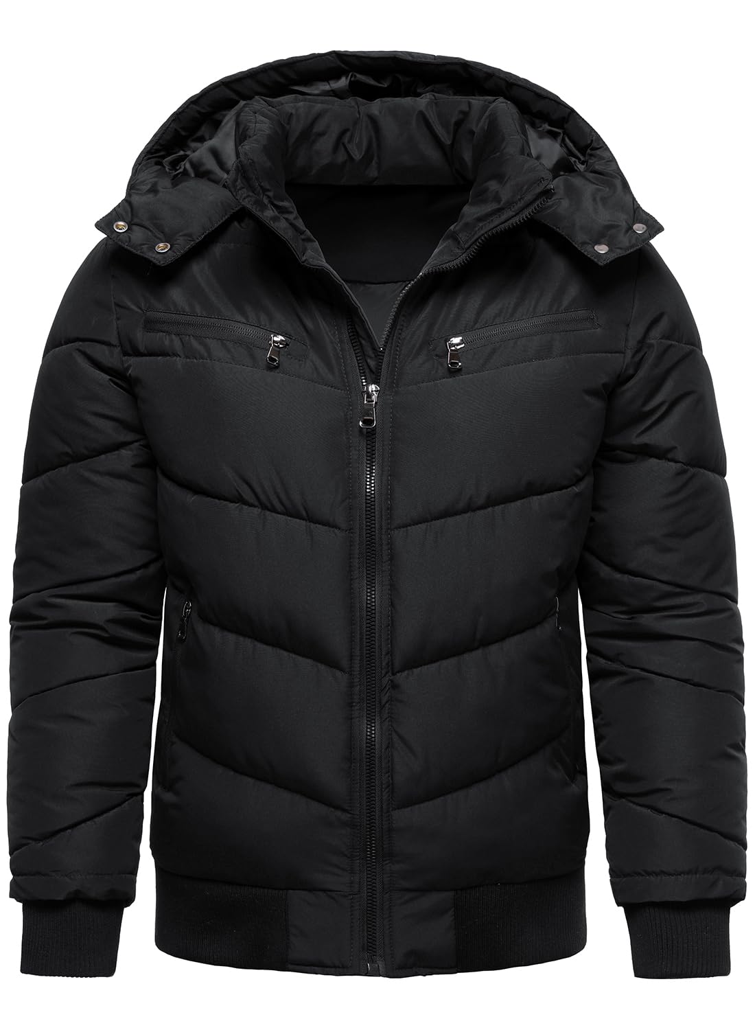 HOOD CREW men's winter coat front view shows windproof shell and thick padding for warmth.