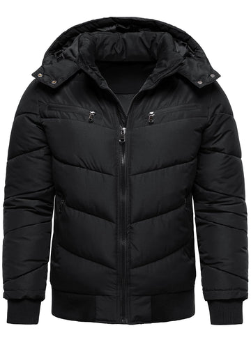 HOOD CREW men's winter coat front view shows windproof shell and thick padding for warmth.
