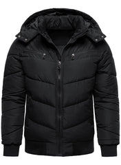 HOOD CREW men's winter coat front view shows windproof shell and thick padding for warmth.