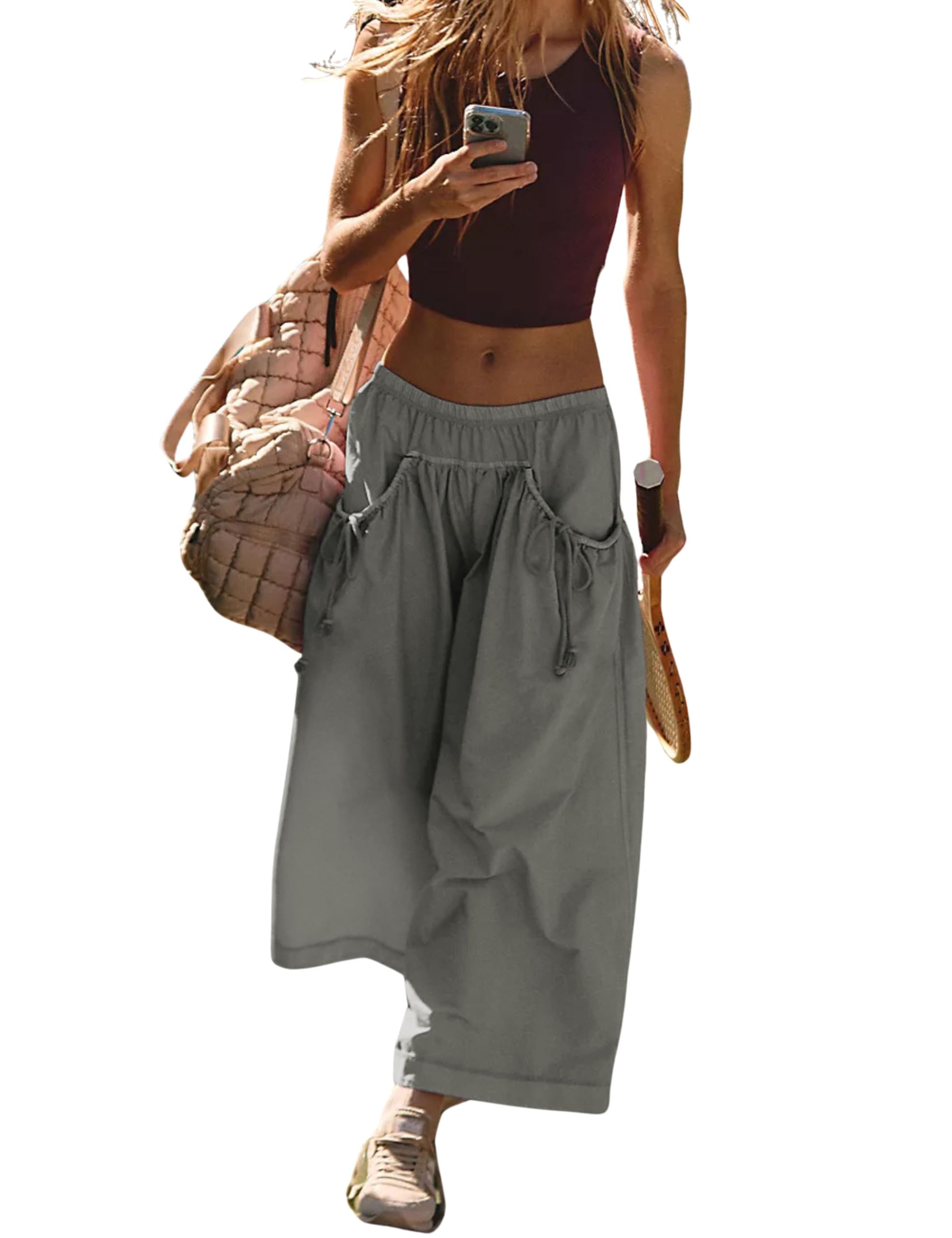 Hooever women's loose wide-leg track pants with drawstring pockets ideal for casual and active days.