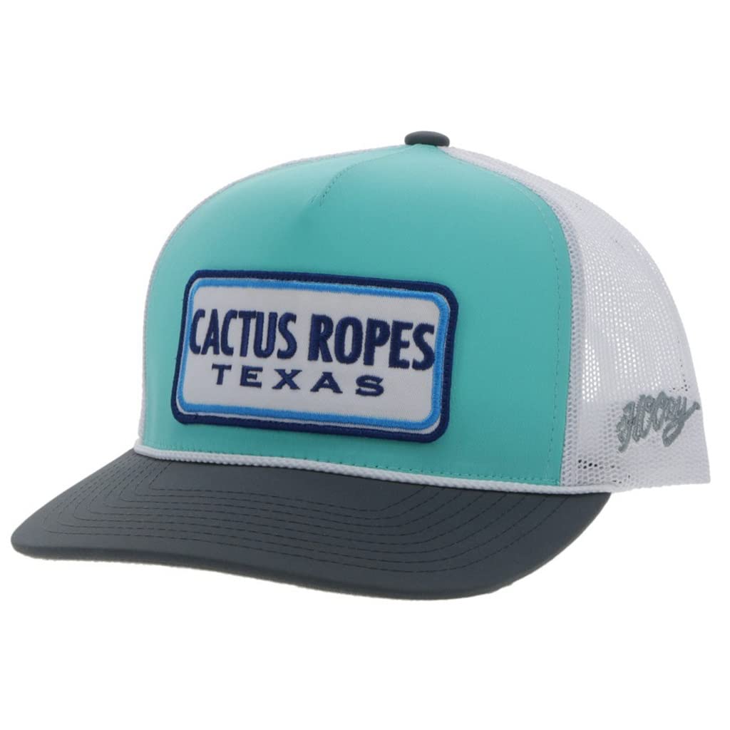 Front view of HOOEY adjustable snapback trucker hat in mint, grey, and white with Cactus Ropes logo