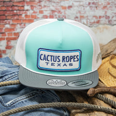 Side profile of HOOEY hat showing Cactus Ropes logo on mint/grey/white colorway