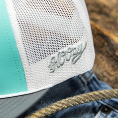 Back view of mesh trucker back and snapback adjuster on HOOEY hat