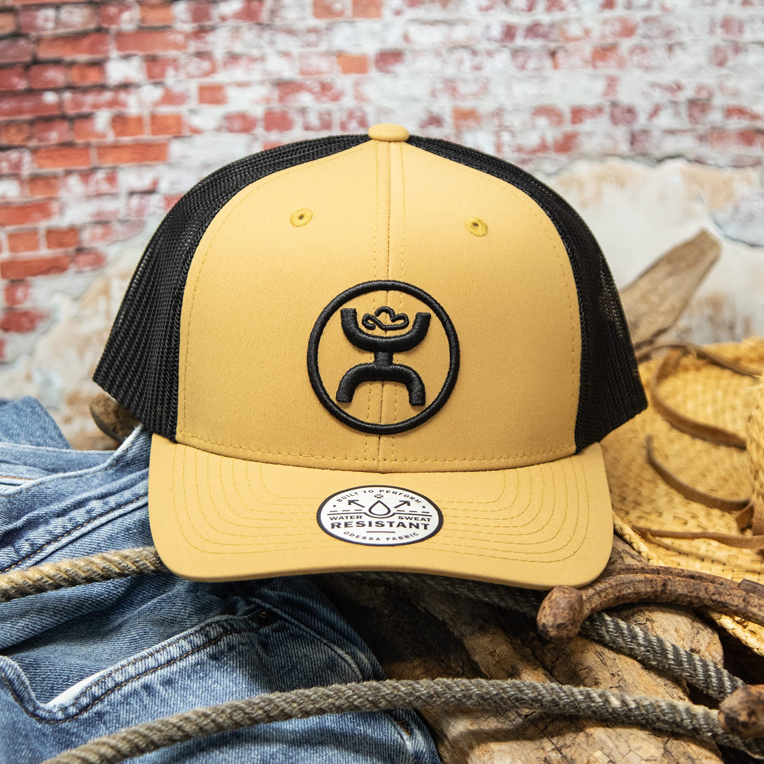 HOOEY O Classic trucker hat side view shows two-tone tan and black for easy styling with neutrals.