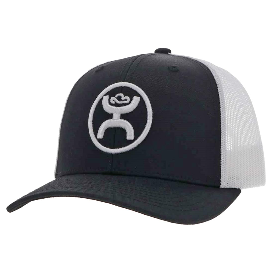 HOOEY O Classic 6-Panel Trucker Hat front view in black/white with logo