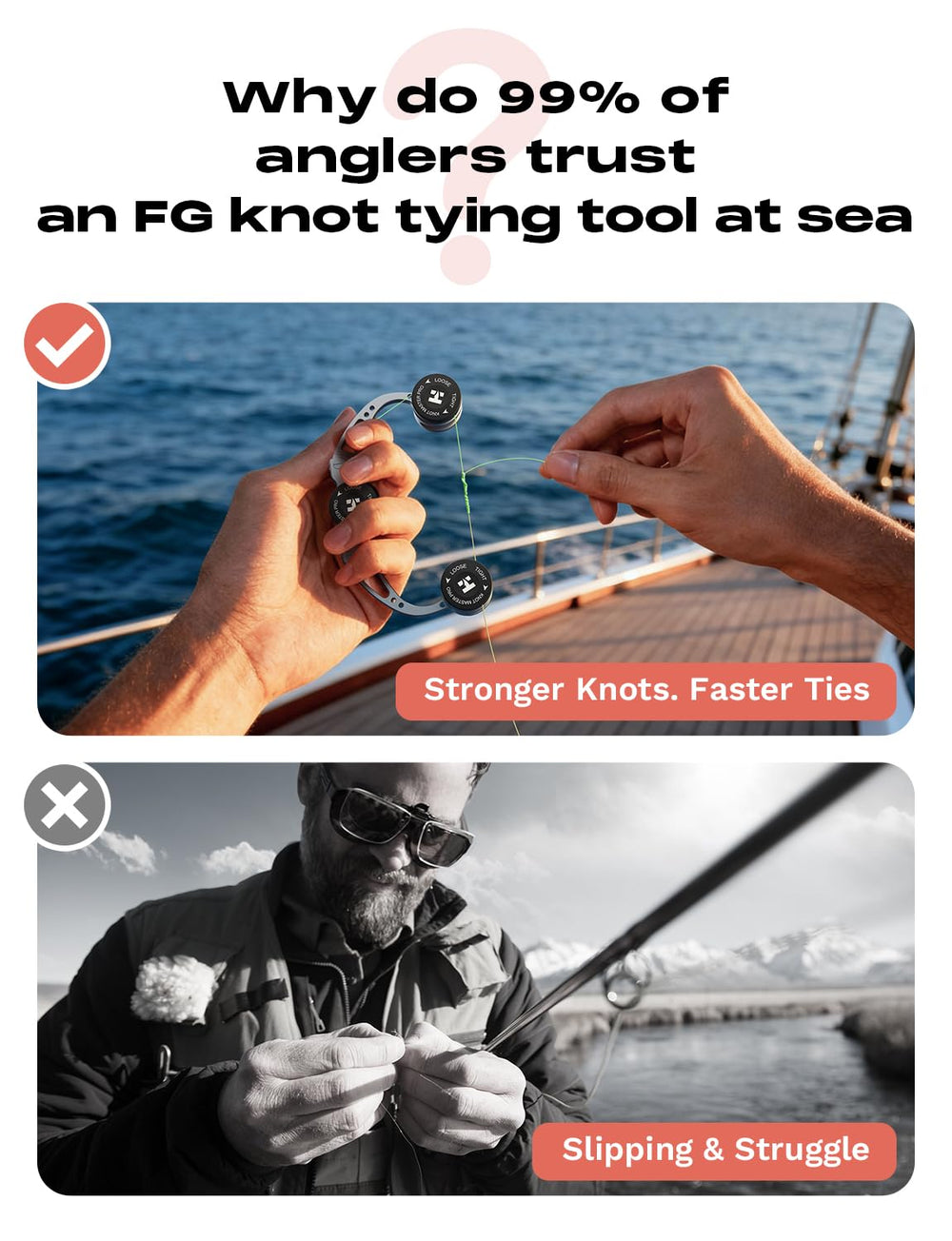 HOOK-EZE FG Knot Tool in use keeps lines aligned for FG knots.