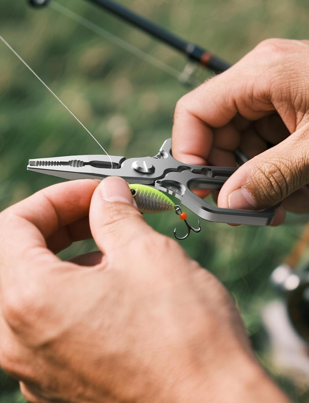 Close-up of tungsten carbide wire cutter on HOOK-EZE pliers
