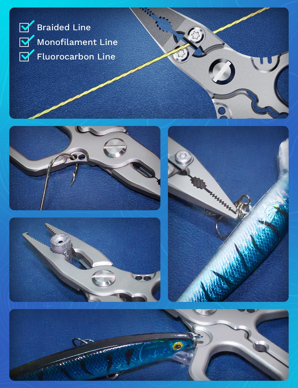Pliers showing knot tying tool and crimp grooves