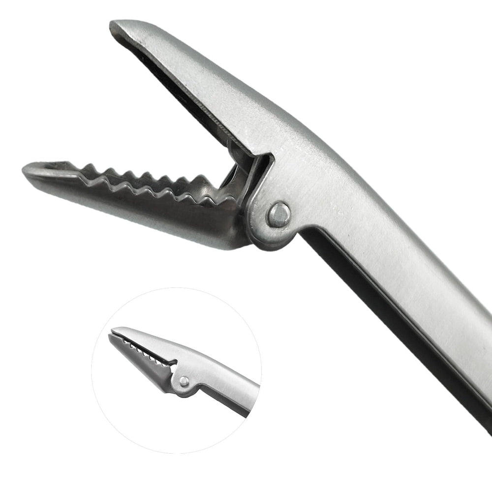 Saltwater-resistant stainless steel hook remover with serrated jaws
