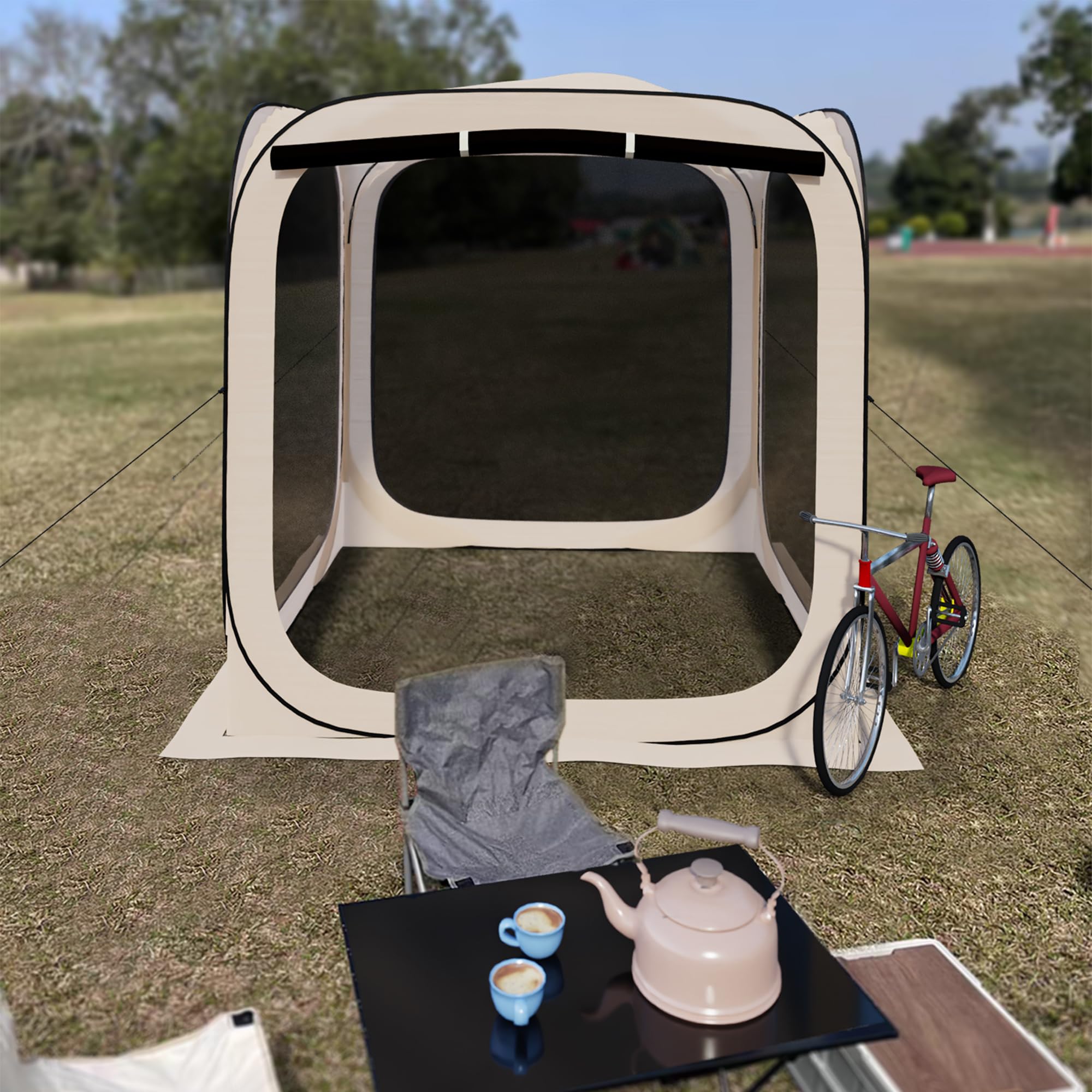 Hooyea pop-up tent screenhouse setup demonstrates quick assembly for gatherings