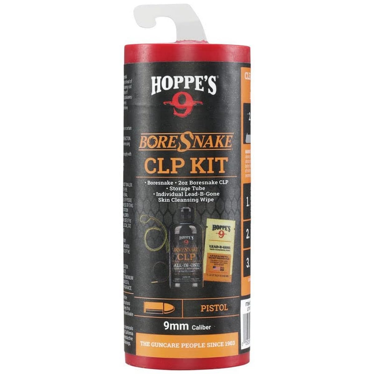 Hoppe's Boresnake CLP Cleaning Kit for 9mm pistol with bottle and canister