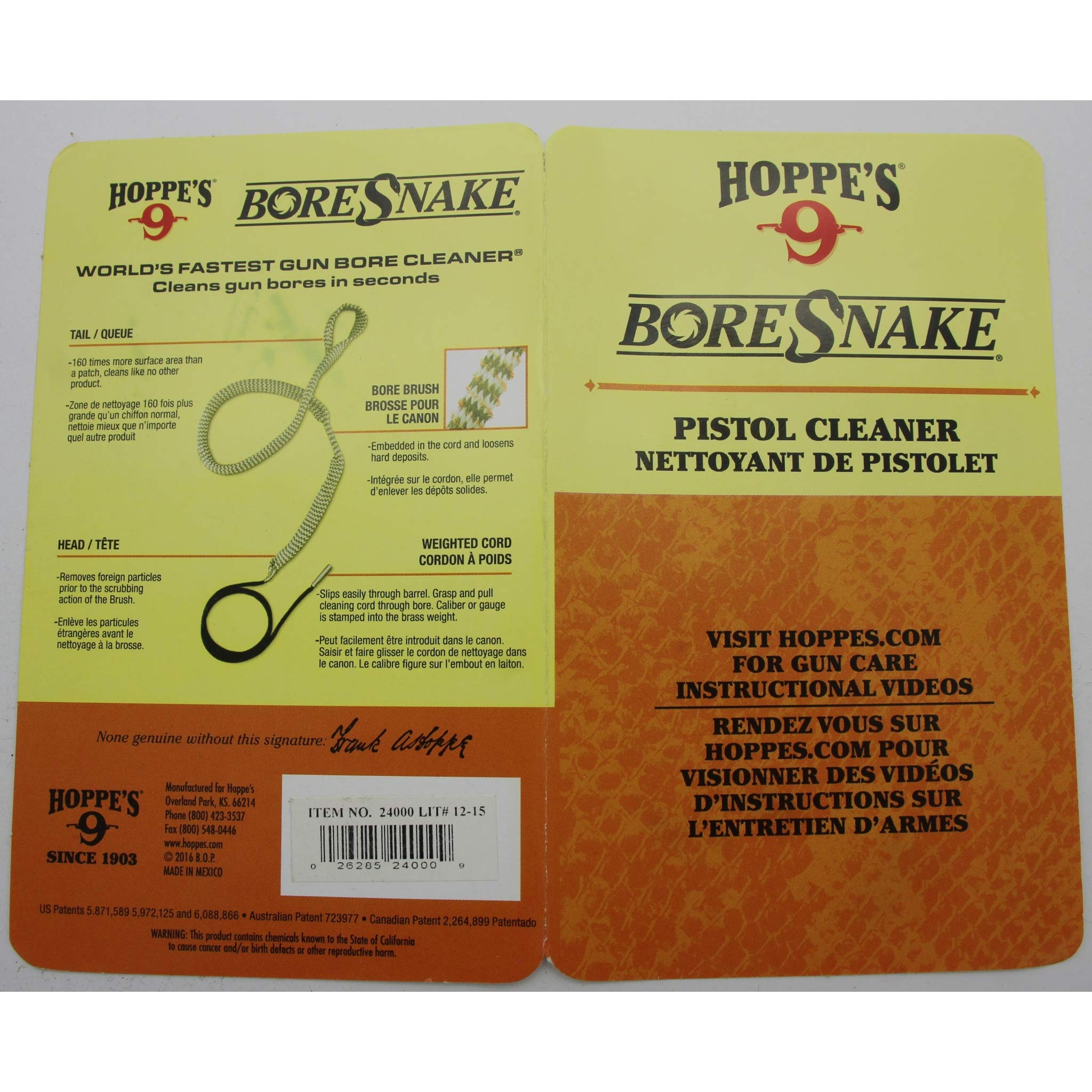 Brass weight on the pull cord stamped with the size on Hoppe's Boresnake